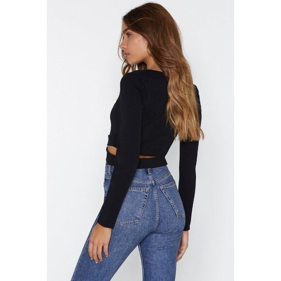 Shein Long Sleeve Black Wrapped Cutout Waist Crop Top - Picture 8 of 12